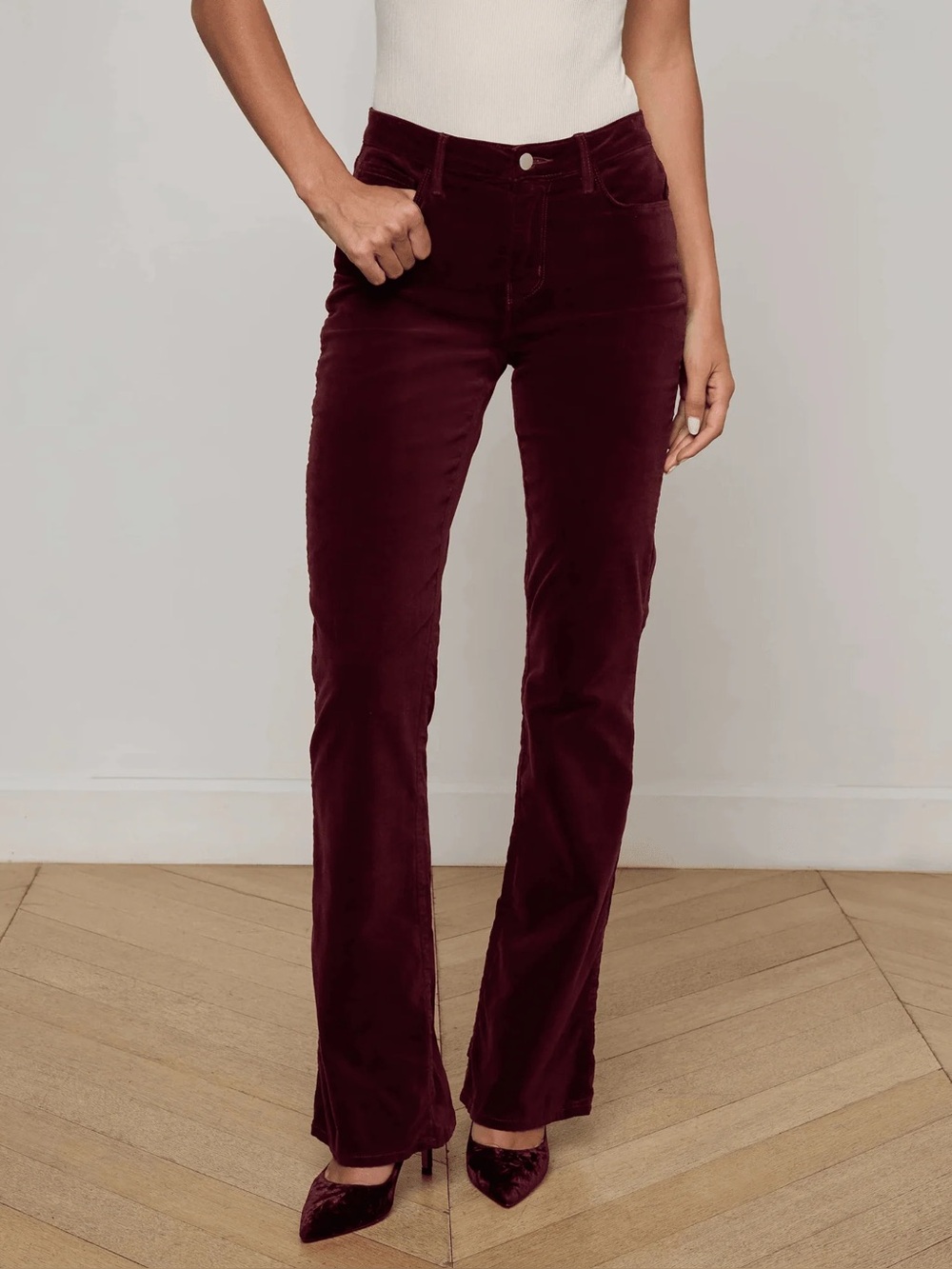 L’Agence Stevie Velvet Jeans in Deep Port Burgundy size 23